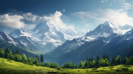 Beautiful panoramic view of alpine meadow and mountains - obrazy, fototapety, plakaty