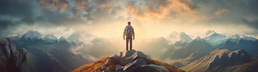 Man with backpack standing on the top of the mountain, landscape view - Powered by Adobe