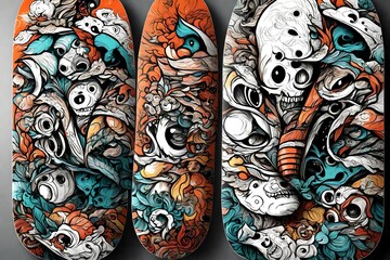 Skateboard deck design with white orange eye design.