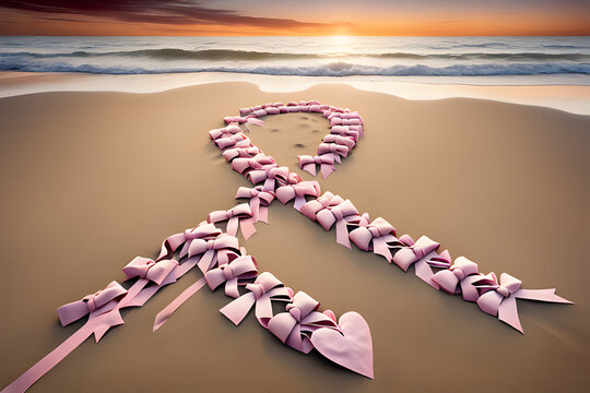 serene image of a beach at sunset, with sandcastles shaped like cancer awareness ribbons, symbolizing the hope and strength of individuals and families affected by cancer.