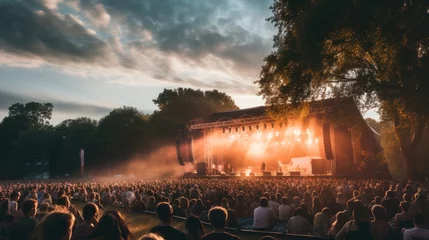 Fotobehang Back view of unrecognizable audience sitting and looking away while attending smoky live concert of music festival, with illuminated lights stage and performing musicians in evening daylight  © Anton Gvozdikov