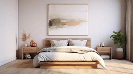 Fototapeta na wymiar boho bedroom with minimalist art on the walls