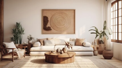 boho living room with minimalist art on the walls