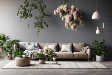 interior design, in a spacious room, next to a table with flowers against a gray wall. Bright, spacious room with a comfortable sofa, plants and elegant accessories
