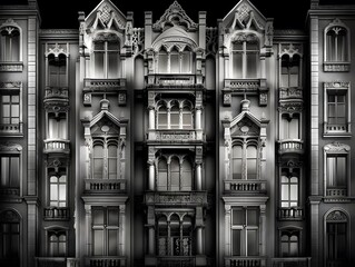 Vintage building facade with windows and balconies. 3d illustration