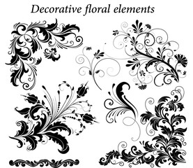 Set of hand drawn decorative vector floral elements for design