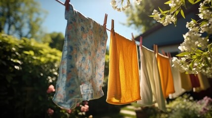 clothes line outside on sunny day with clothes