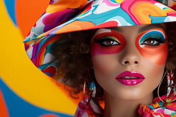 Portrait of beautiful artistic pop art style fashion woman with bright expressive make-up....