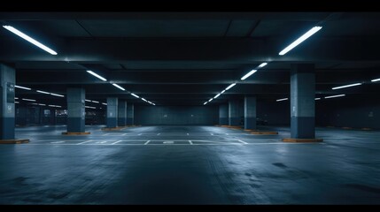 dark underground parking lot with harsh lighting - obrazy, fototapety, plakaty