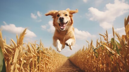 dog jumping high above the corn in a field