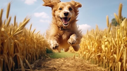 dog jumping high above the corn in a field