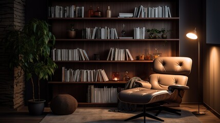  a room with a chair, bookshelf and a potted plant.  generative ai