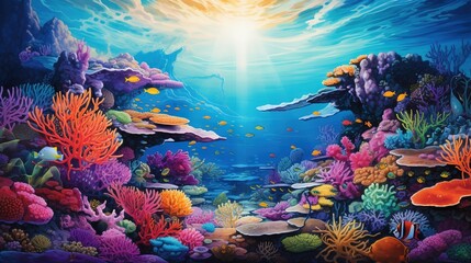  a painting of an underwater scene with corals and fish.  generative ai