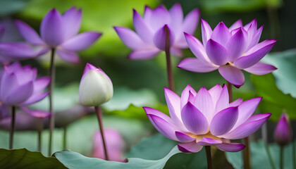 Purple Lotus flowers greenery water of natural beauty