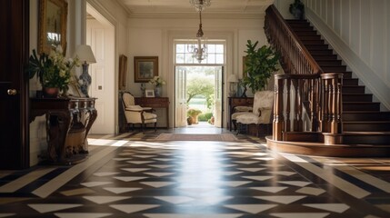 grand entrance hall of country manor home - obrazy, fototapety, plakaty