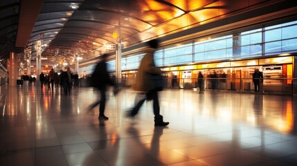 Blurred background of people in motion at a modern airport