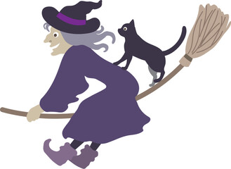 Halloween editable vector illustration element of spooky, cute and fun flying wicked witch in purple costume, enjoying the ride with a black cat.