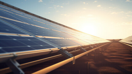 A solar energy farm at sunrise, with rows of photovoltaic panels capturing the morning light - obrazy, fototapety, plakaty