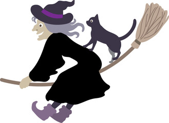Halloween editable vector illustration element of spooky, cute and fun flying wicked witch in black costume, enjoying the ride with a black cat.