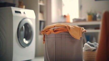 laundry hamper filled with clothes in the corner of the room - obrazy, fototapety, plakaty
