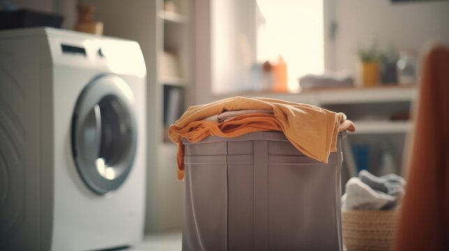 laundry hamper filled with clothes in the corner of the room
