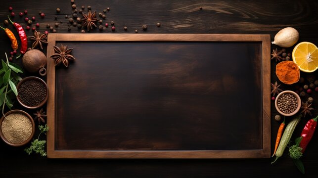  a picture frame surrounded by spices and herbs on a wooden table.  generative ai