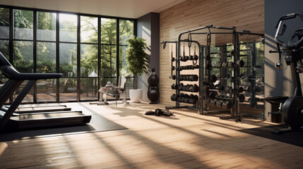 A spacious home gym with mirrored walls and a range of exercise equipment