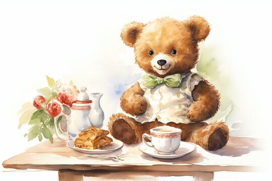 An image of a watercolor illustration featuring a teddy bear enjoying breakfast, symbolizing the combination of cuddly toys and food. Generative AI
