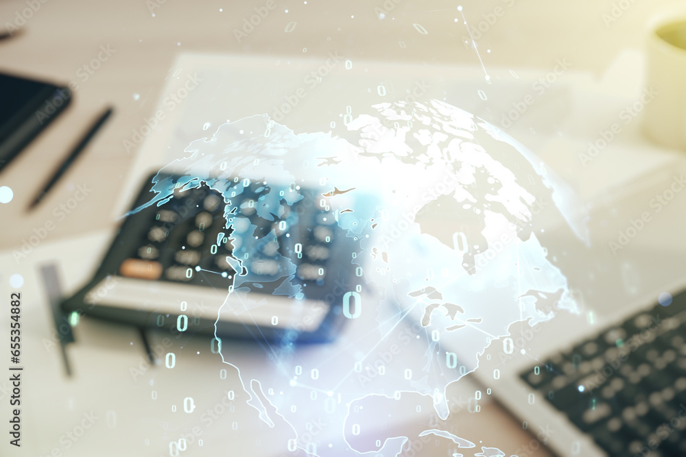 Poster abstract virtual coding concept and world map hologram on calculator and laptop background. multiexp