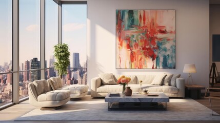 luxury penthouse living room with modern art on the walls