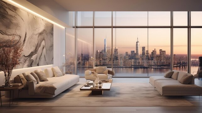 luxury penthouse living room with modern art on the walls