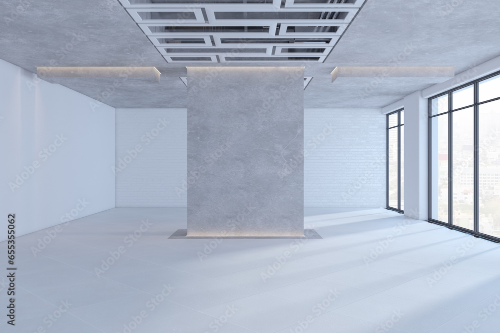 Poster modern gallery warehouse interior with mock up place on concrete walls and panoramic windows with ci