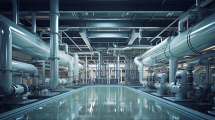 A sprawling chemical processing plant, with a labyrinth of pipes and reactors - obrazy, fototapety, plakaty