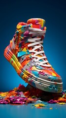 Pair of sneakers with colorful shavings on a blue background