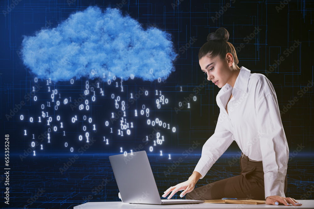 Aufkleber Attractive young european businesswoman using laptop while sitting on desk with creative cloud hologram with binary code rain on blurry blue background. Cloud computing and technology concept.