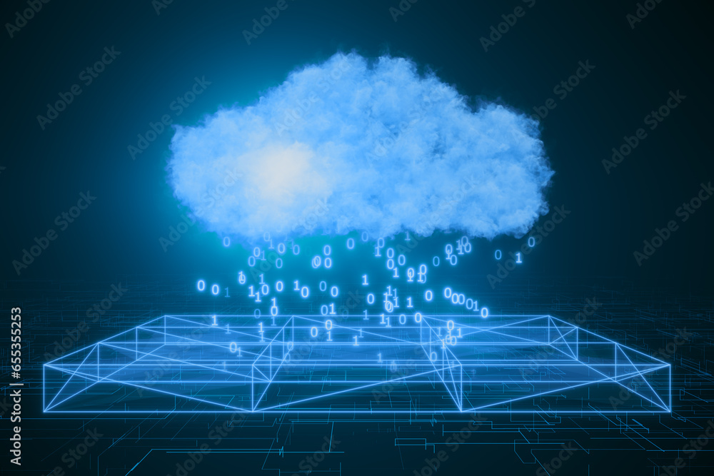 Poster Creative cloud hologram with binary code rain on blurry blue background. Cloud computing and technology concept. 3D Rendering.