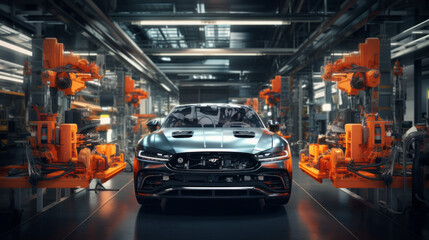 A sprawling automotive assembly line, where cars are meticulously put together - obrazy, fototapety, plakaty