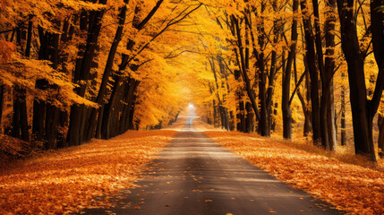 Autumn forest road in autumn leaves background 