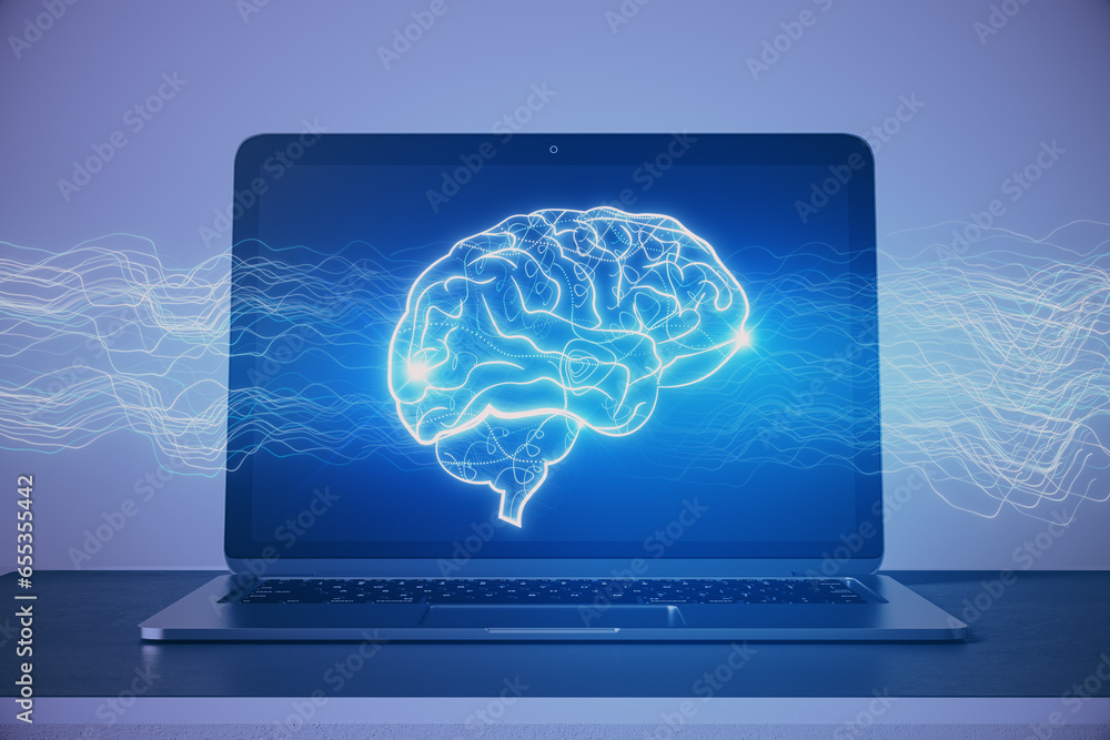 Poster Close up of laptop computer with creative digital brain hologram on blue backdrop. Hi-tech innovation and AI concept. 3D Rendering.