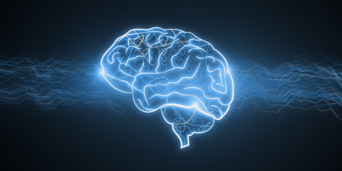 Creative digital brain hologram on blue background. Hi-tech innovation and AI concept. 3D Rendering.