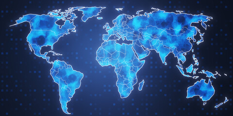 Creative glowing polygonal map hologram on blurry blue background. Global community and network concept. 3D Rendering.
