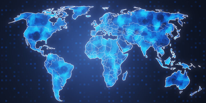 Fototapeta Creative glowing polygonal map hologram on blurry blue background. Global community and network concept. 3D Rendering.