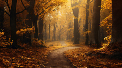 Autumn forest road in autumn leaves background 
