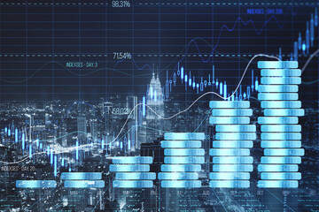 Creative forex chart hologram with growing stacked coins on blurry night city background. Financial growth, trade and market concept. Double exposure.