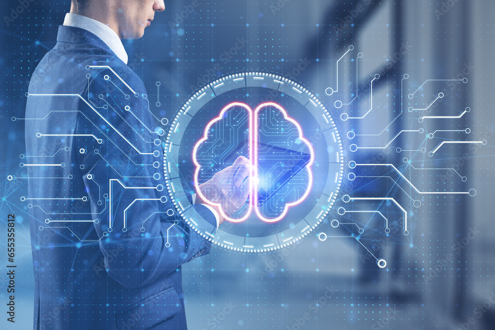Poster close up of businessman using tablet with creative digital brain hologram with circuit on blurry off