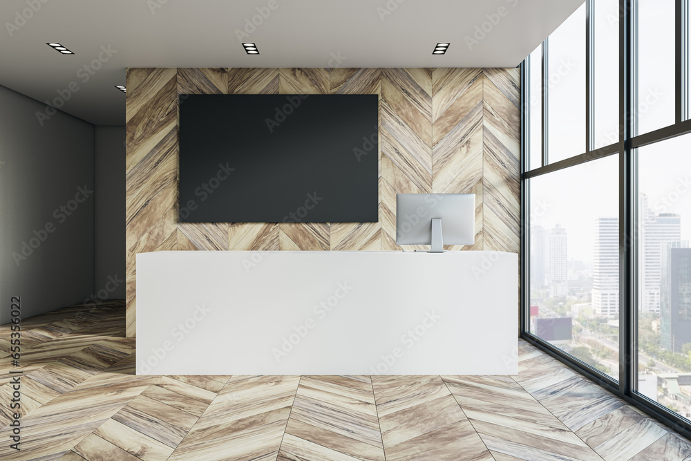 Poster Modern wooden office interior with empty black mock up banner, white reception desk and windows with city view. Lobby concept. 3D Rendering.