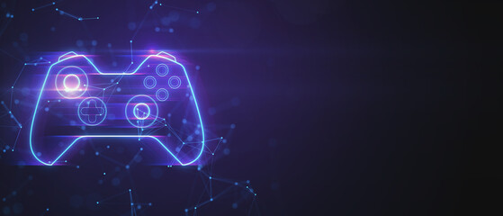 Creative joystick or gamepad hologram on blurry purple background with mock up place. Esport, gaming and fun concept. 3D Rendering. © Who is Danny