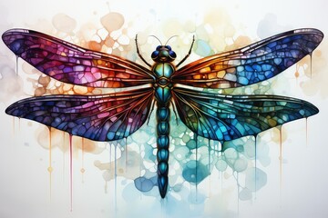 Geometric Rainbow Dragonfly Watercolor on a white background