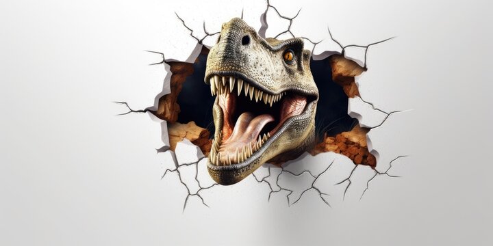 Cute T-Rex peeking out of a hole in wall, torn hole, empty copy space frame, mockup. Generative AI image weber.