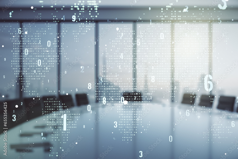 Poster Multi exposure of abstract creative coding sketch and world map on a modern conference room background, artificial intelligence and neural networks concept